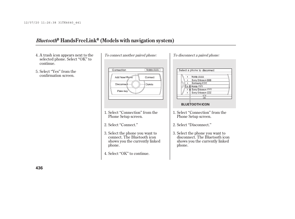 Handsfreelink (models with navigation system), Bluetooth | Acura 2014 TL - Owner's Manual User Manual | Page 442 / 653