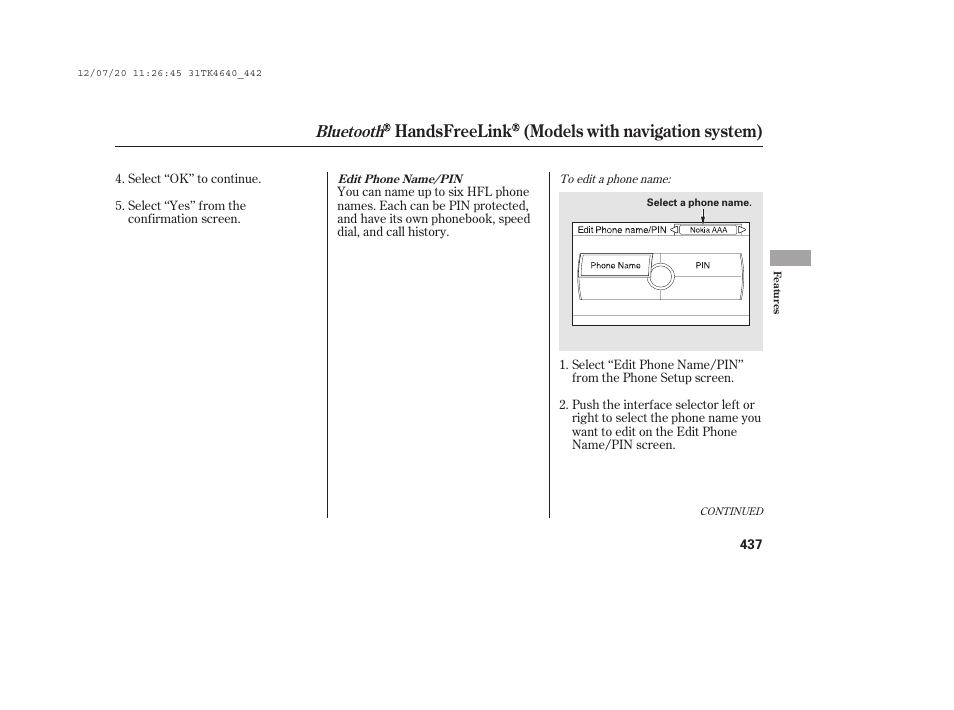 Handsfreelink (models with navigation system), Bluetooth | Acura 2014 TL - Owner's Manual User Manual | Page 443 / 653