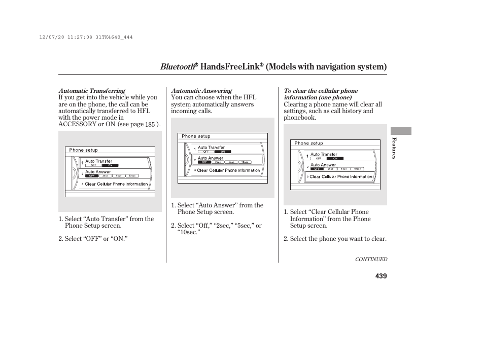 Handsfreelink (models with navigation system), Bluetooth | Acura 2014 TL - Owner's Manual User Manual | Page 445 / 653