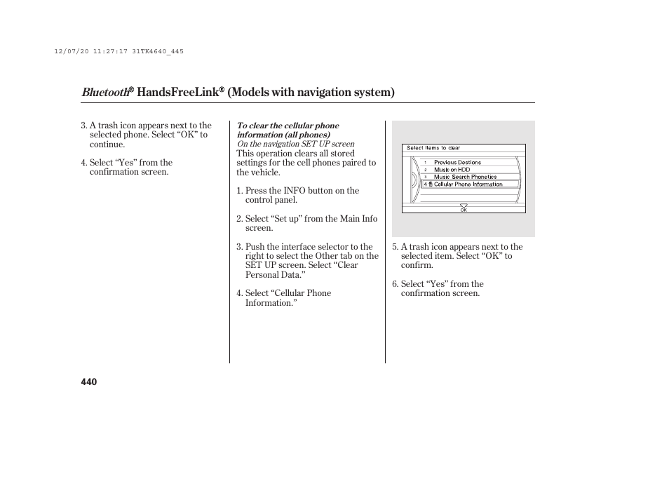 Handsfreelink (models with navigation system), Bluetooth | Acura 2014 TL - Owner's Manual User Manual | Page 446 / 653