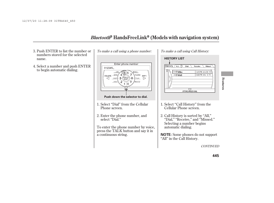 Handsfreelink (models with navigation system), Bluetooth | Acura 2014 TL - Owner's Manual User Manual | Page 451 / 653