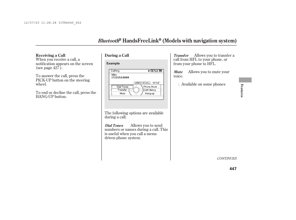 Handsfreelink (models with navigation system), Bluetooth | Acura 2014 TL - Owner's Manual User Manual | Page 453 / 653