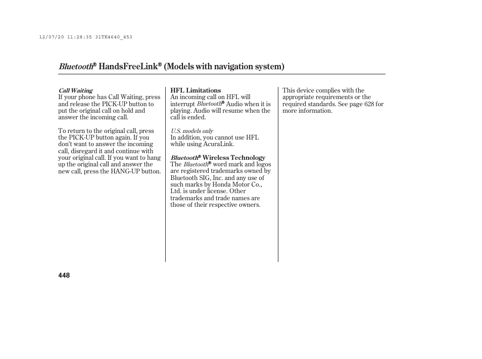 Handsfreelink (models with navigation system), Bluetooth | Acura 2014 TL - Owner's Manual User Manual | Page 454 / 653