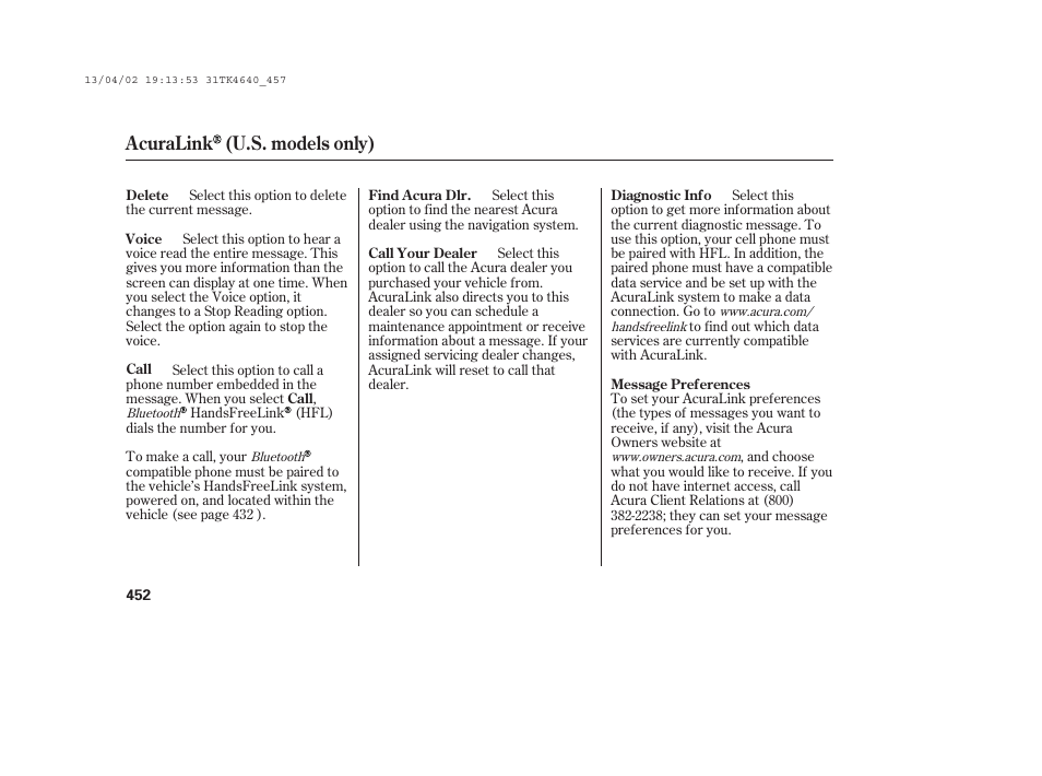 Acuralink (u.s. models only) | Acura 2014 TL - Owner's Manual User Manual | Page 458 / 653