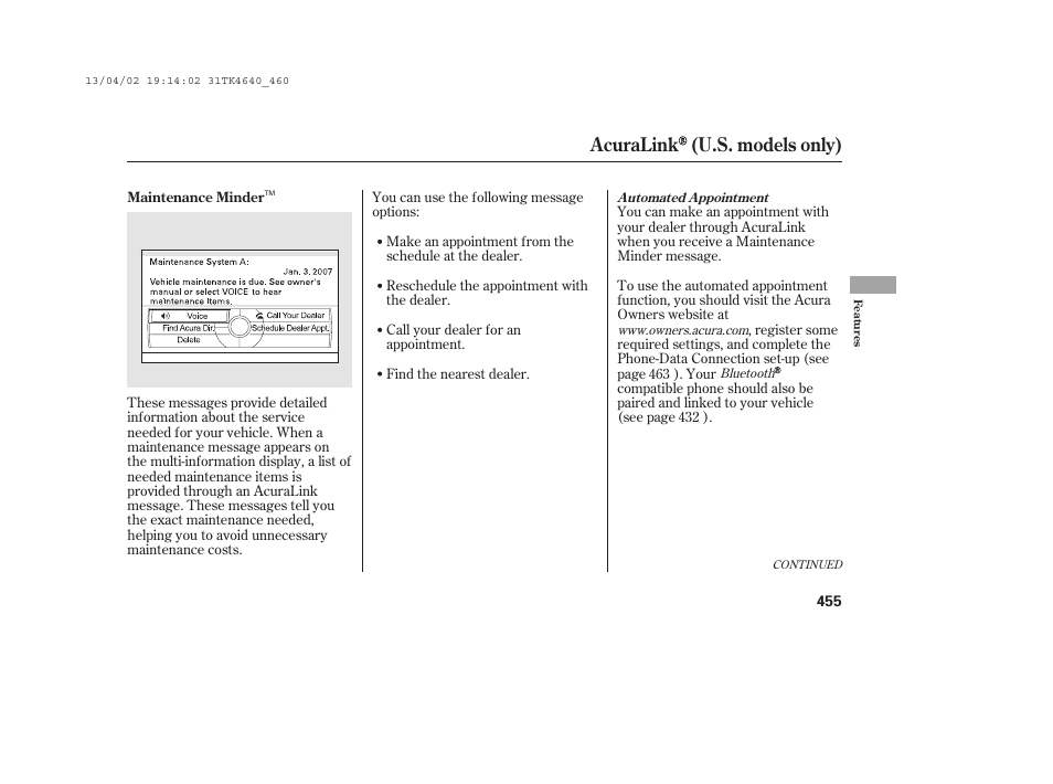 Acuralink (u.s. models only) | Acura 2014 TL - Owner's Manual User Manual | Page 461 / 653