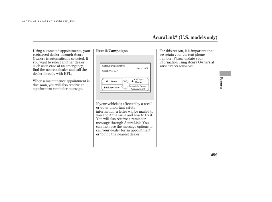 Acuralink (u.s. models only) | Acura 2014 TL - Owner's Manual User Manual | Page 465 / 653