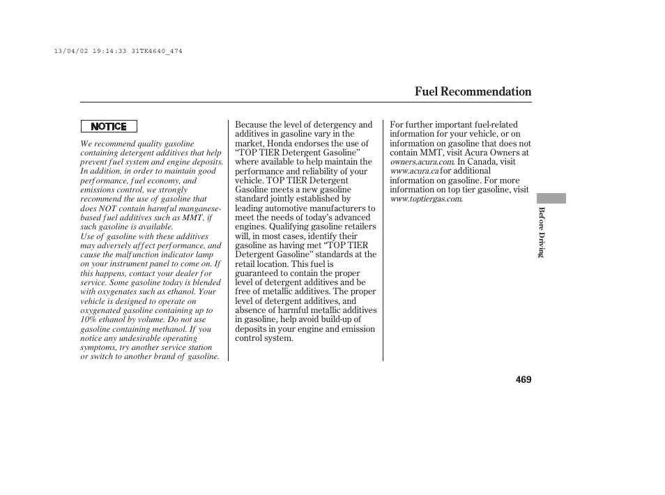 Fuel recommendation | Acura 2014 TL - Owner's Manual User Manual | Page 475 / 653