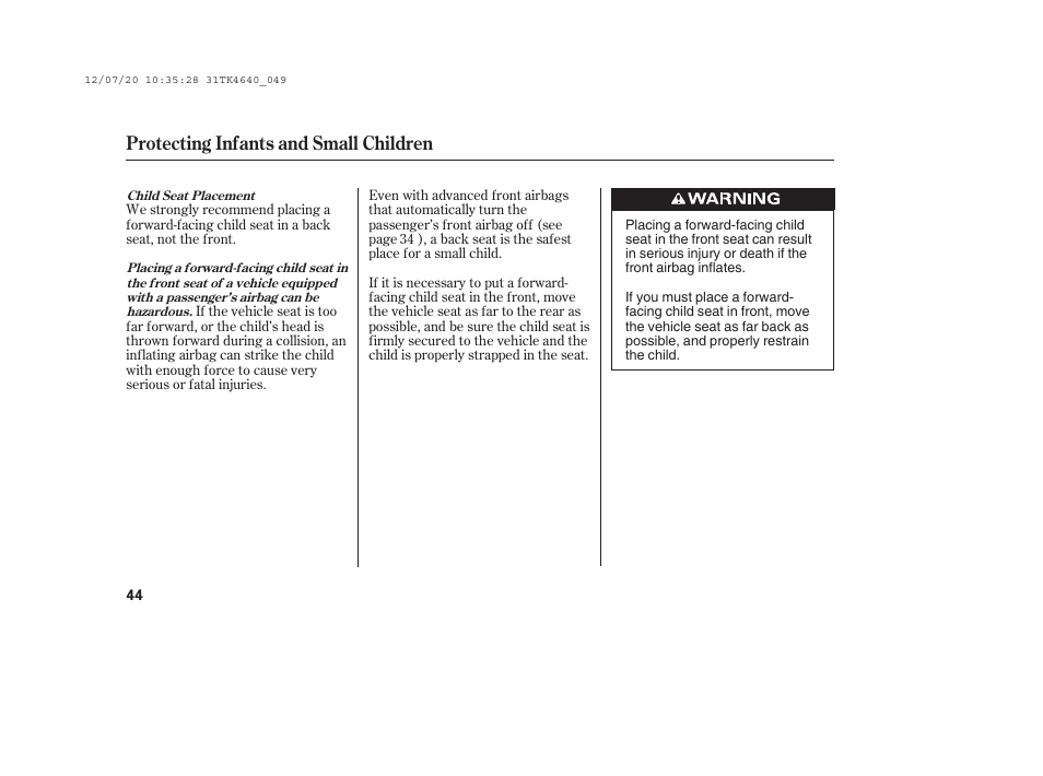 Protecting infants and small children | Acura 2014 TL - Owner's Manual User Manual | Page 50 / 653