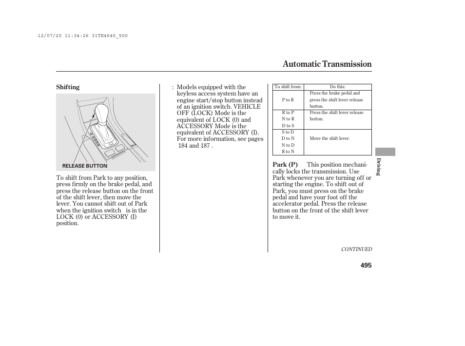 Automatic transmission | Acura 2014 TL - Owner's Manual User Manual | Page 501 / 653