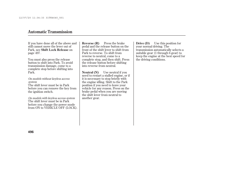 Automatic transmission | Acura 2014 TL - Owner's Manual User Manual | Page 502 / 653