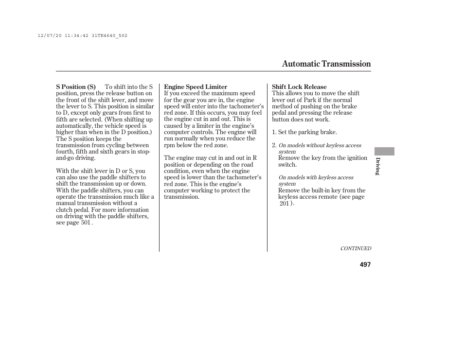 Automatic transmission | Acura 2014 TL - Owner's Manual User Manual | Page 503 / 653