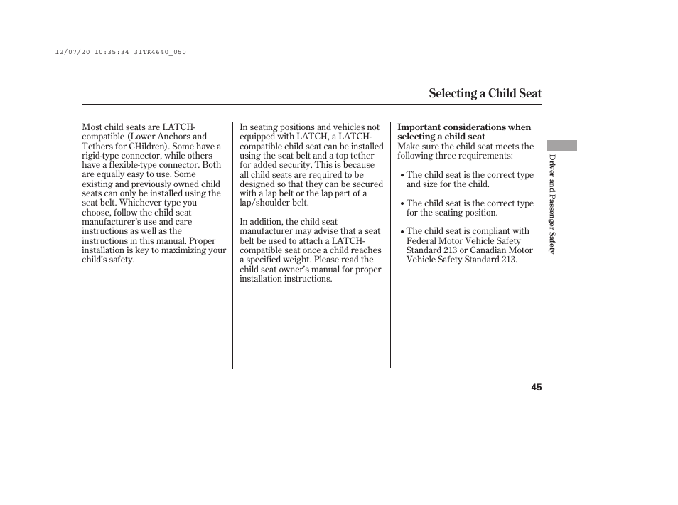 Selecting a child seat | Acura 2014 TL - Owner's Manual User Manual | Page 51 / 653