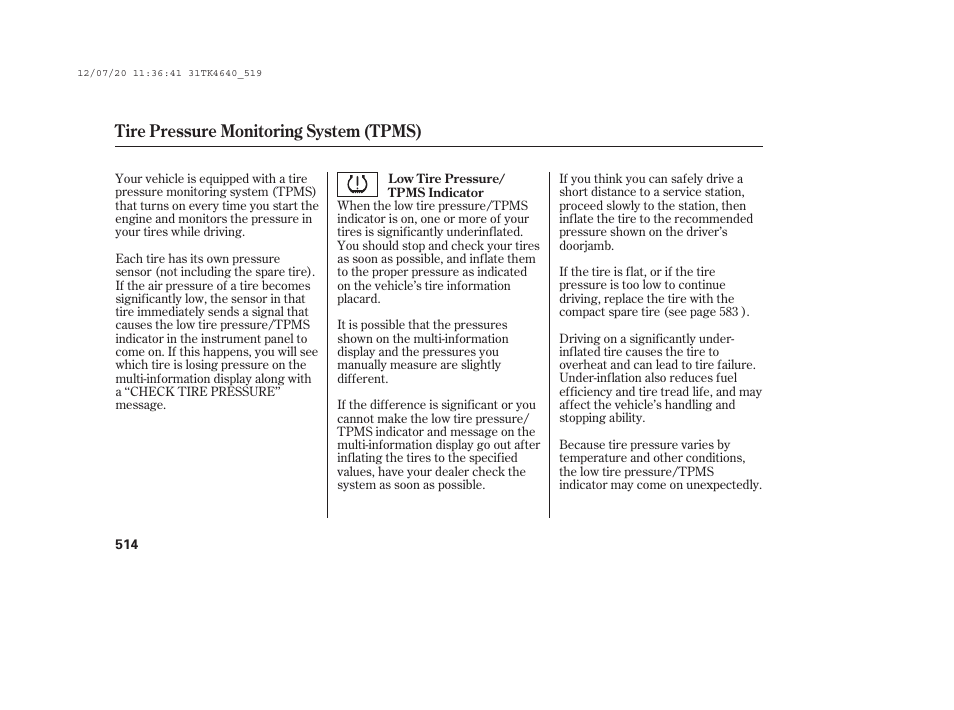 Tire pressure monitoring system (tpms) | Acura 2014 TL - Owner's Manual User Manual | Page 520 / 653