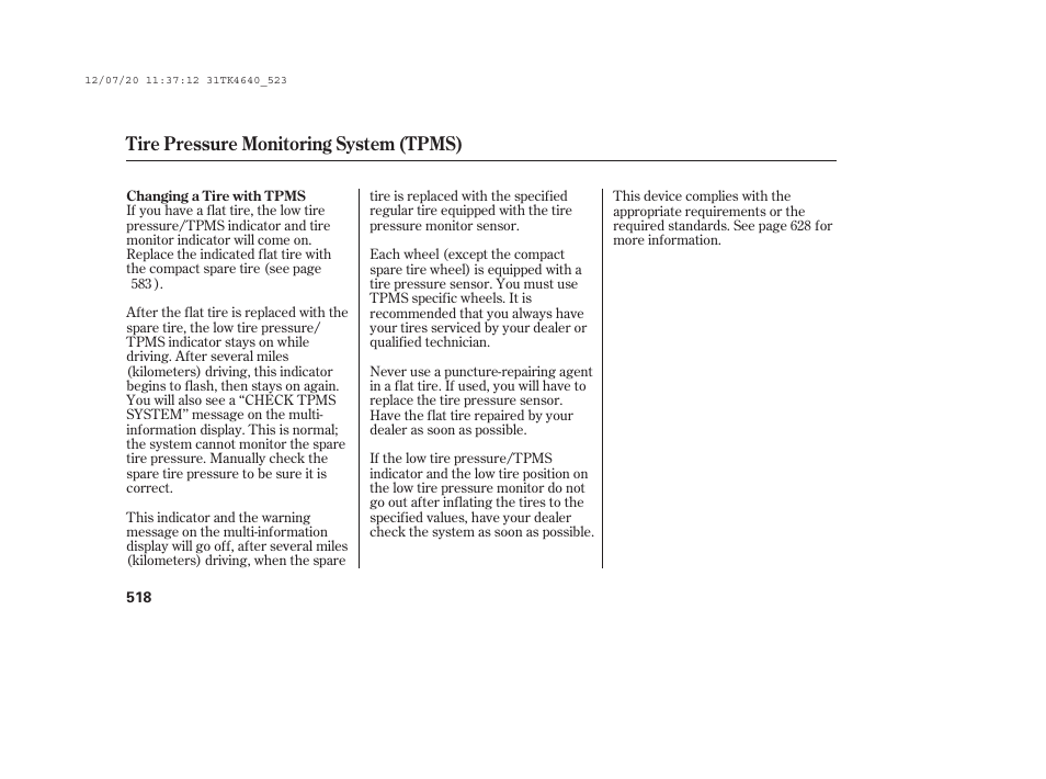 Tire pressure monitoring system (tpms) | Acura 2014 TL - Owner's Manual User Manual | Page 524 / 653