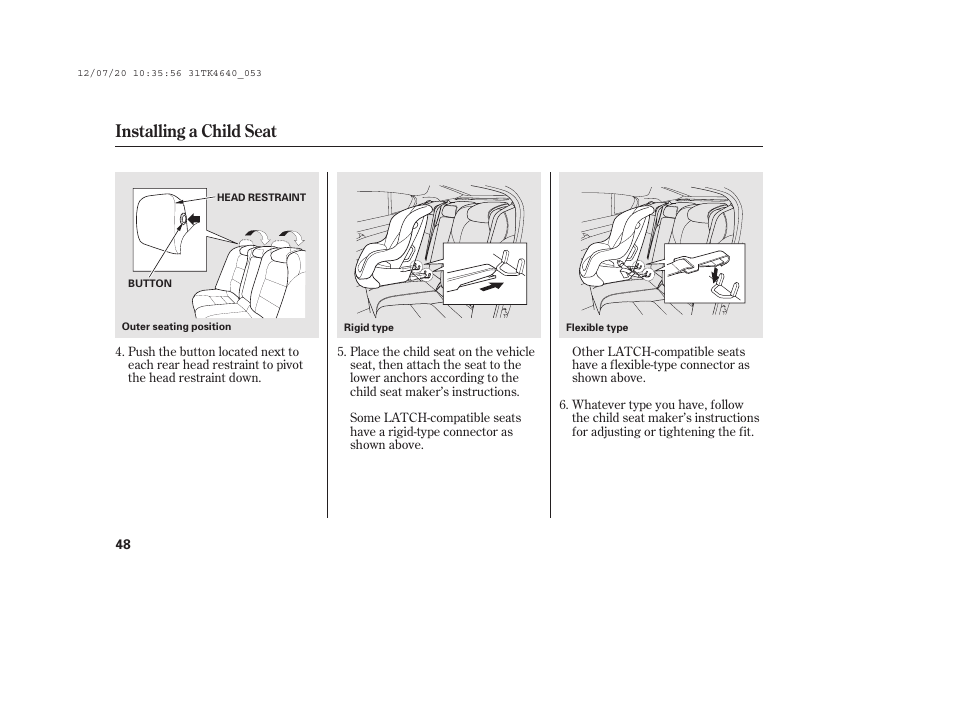 Installing a child seat | Acura 2014 TL - Owner's Manual User Manual | Page 54 / 653