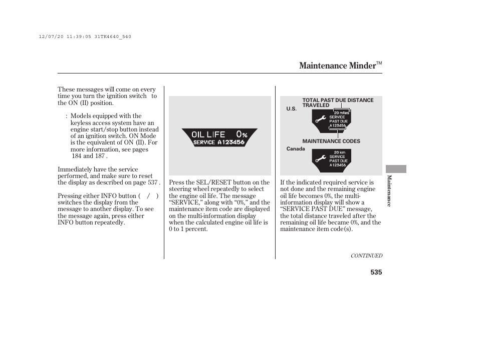 Maintenance minder | Acura 2014 TL - Owner's Manual User Manual | Page 541 / 653