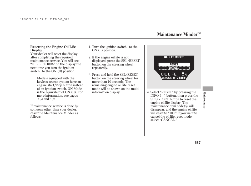 Maintenance minder | Acura 2014 TL - Owner's Manual User Manual | Page 543 / 653