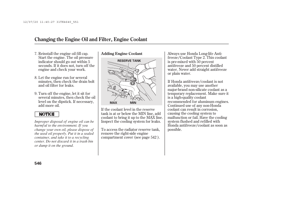 Changing the engine oil and filter, engine coolant | Acura 2014 TL - Owner's Manual User Manual | Page 552 / 653