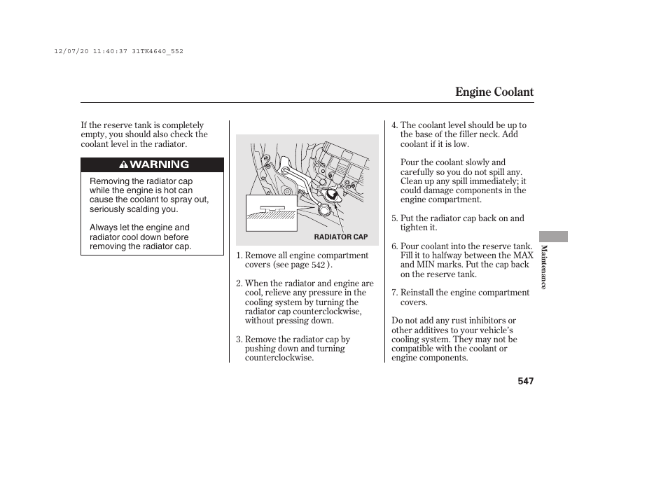 Engine coolant | Acura 2014 TL - Owner's Manual User Manual | Page 553 / 653