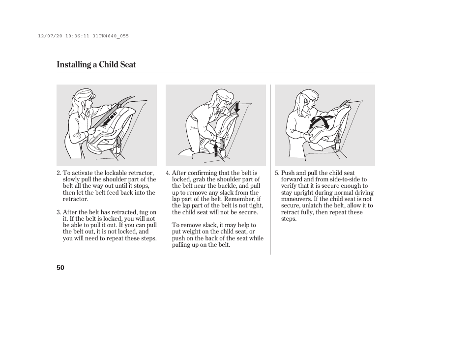 Installing a child seat | Acura 2014 TL - Owner's Manual User Manual | Page 56 / 653