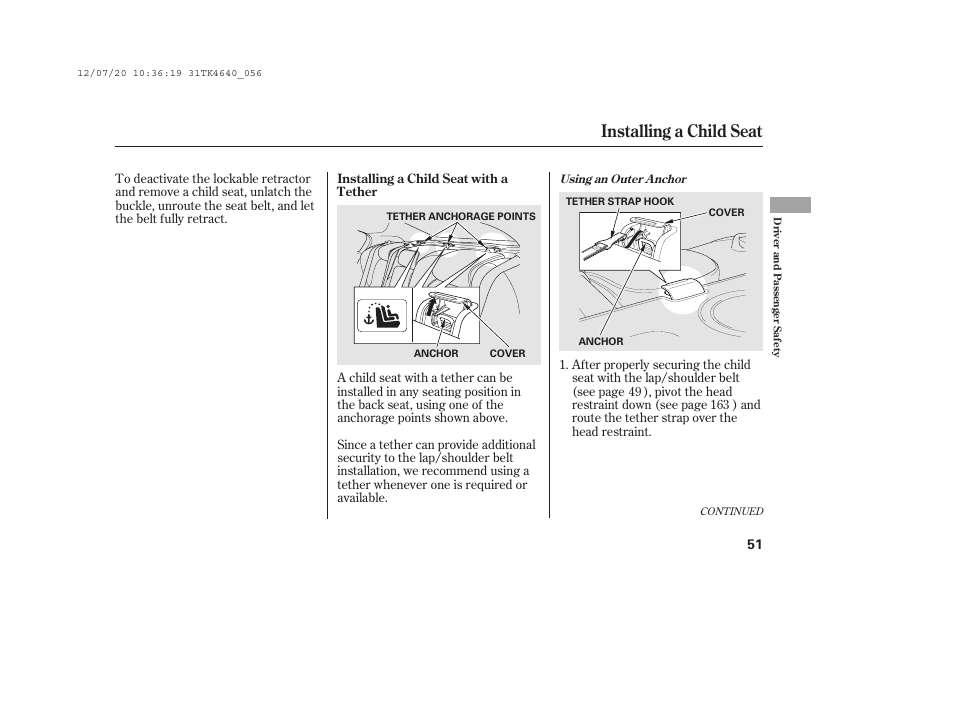 Installing a child seat | Acura 2014 TL - Owner's Manual User Manual | Page 57 / 653