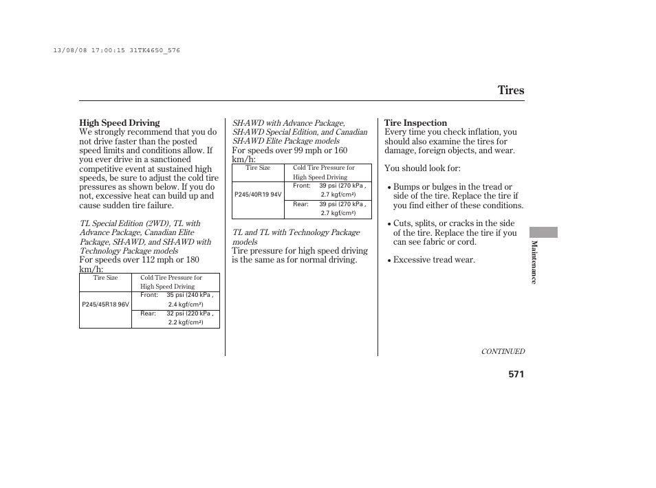 Tires | Acura 2014 TL - Owner's Manual User Manual | Page 577 / 653