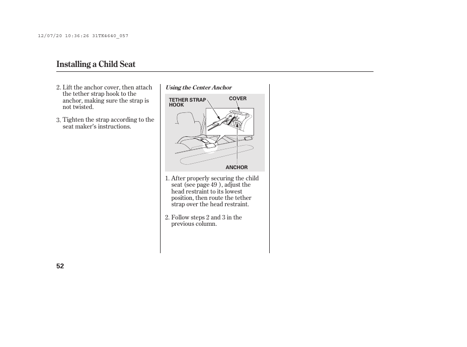 Installing a child seat | Acura 2014 TL - Owner's Manual User Manual | Page 58 / 653