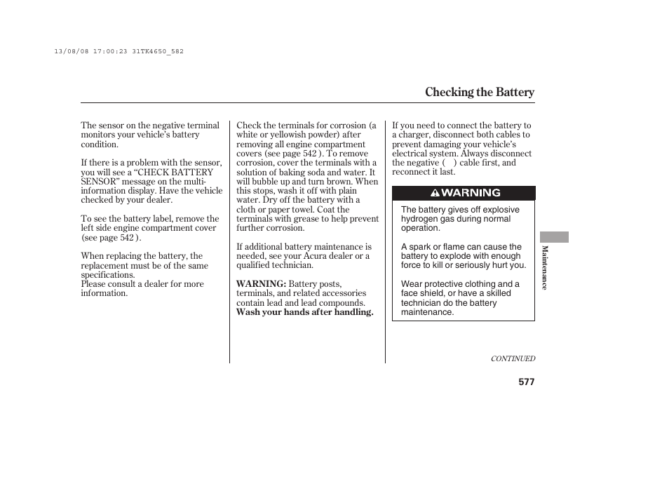 Checking the battery | Acura 2014 TL - Owner's Manual User Manual | Page 583 / 653