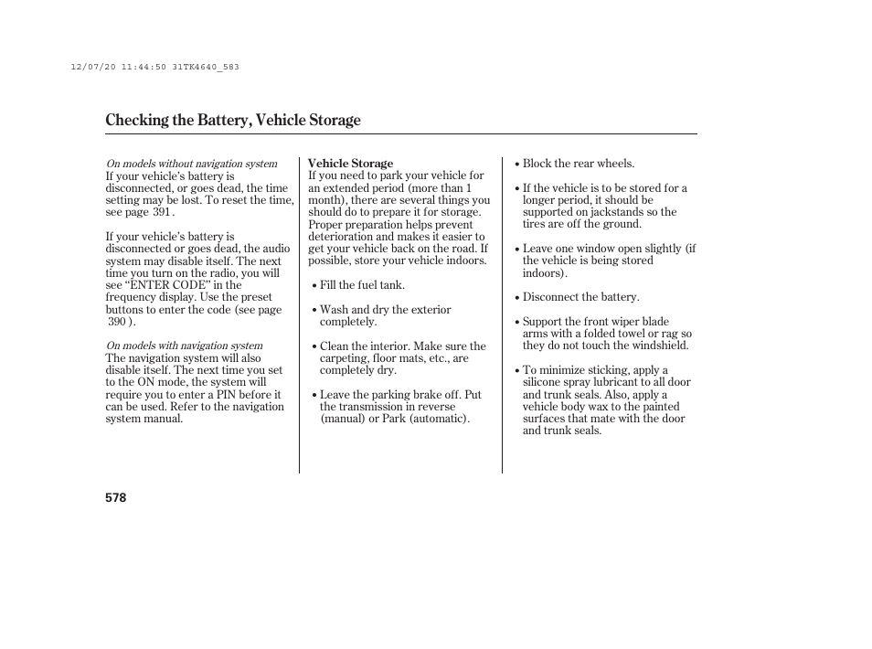 Checking the battery, vehicle storage | Acura 2014 TL - Owner's Manual User Manual | Page 584 / 653