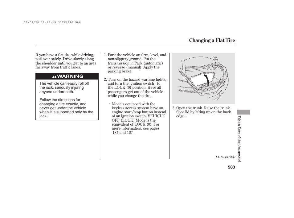 Changing a flat tire | Acura 2014 TL - Owner's Manual User Manual | Page 589 / 653