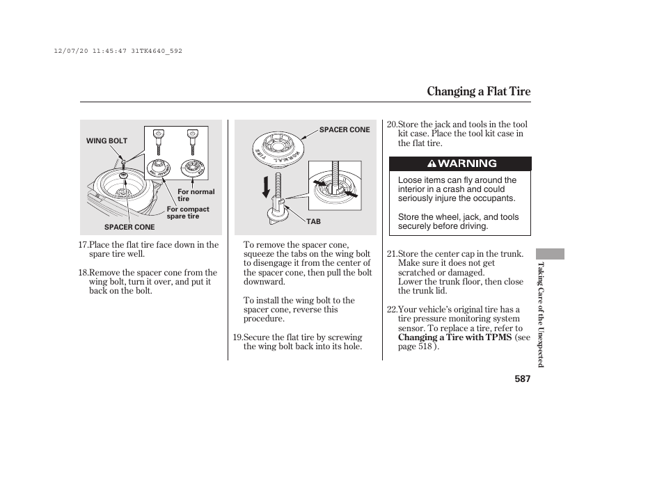 Changing a flat tire | Acura 2014 TL - Owner's Manual User Manual | Page 593 / 653