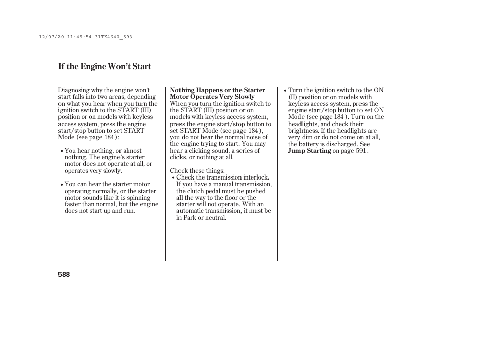 If the engine won’t start | Acura 2014 TL - Owner's Manual User Manual | Page 594 / 653