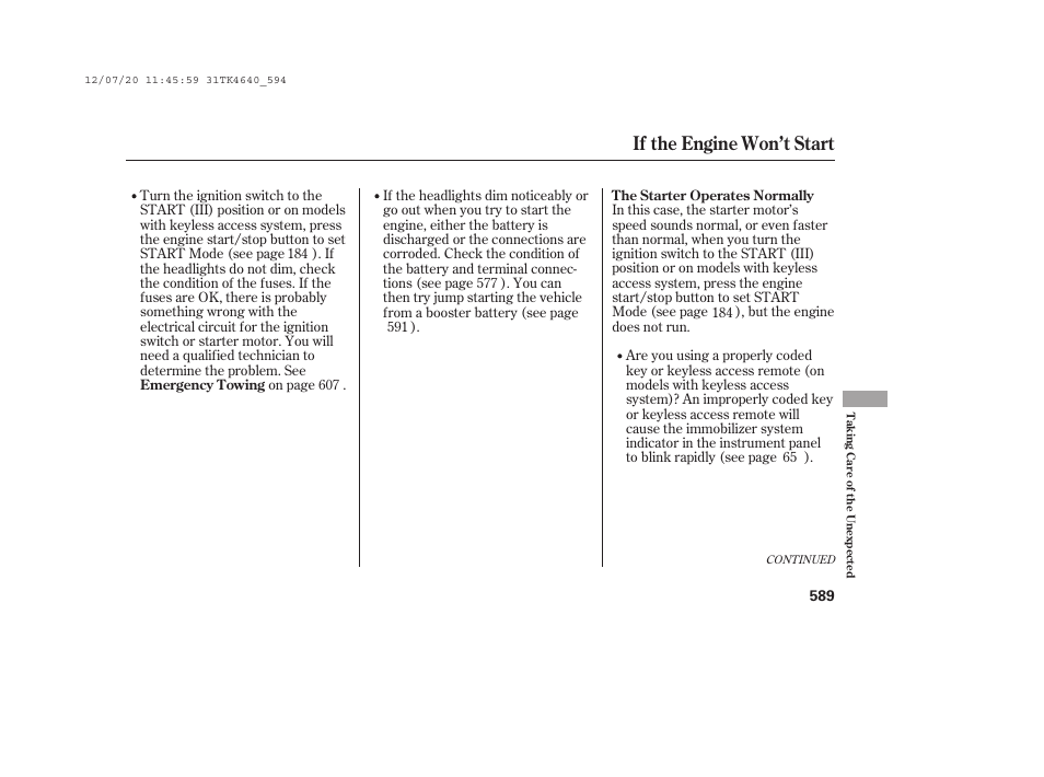 If the engine won’t start | Acura 2014 TL - Owner's Manual User Manual | Page 595 / 653
