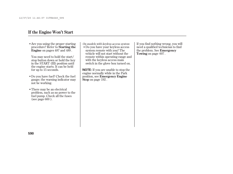 If the engine won’t start | Acura 2014 TL - Owner's Manual User Manual | Page 596 / 653