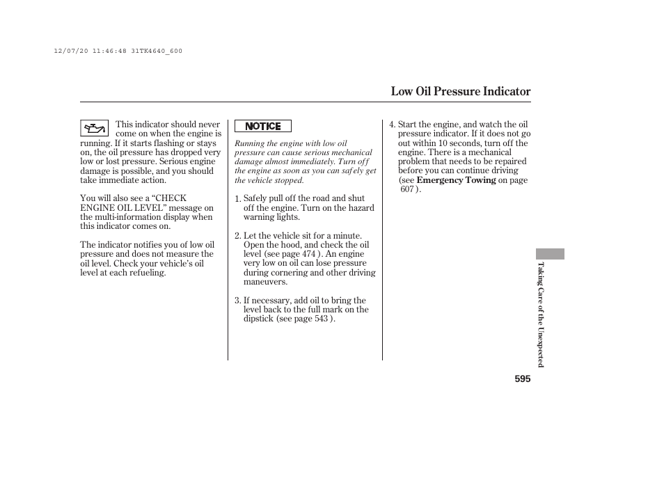 Low oil pressure indicator | Acura 2014 TL - Owner's Manual User Manual | Page 601 / 653