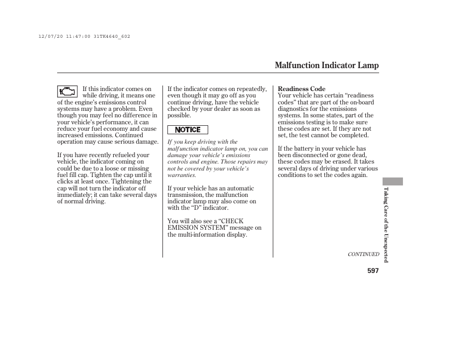 Malfunction indicator lamp | Acura 2014 TL - Owner's Manual User Manual | Page 603 / 653