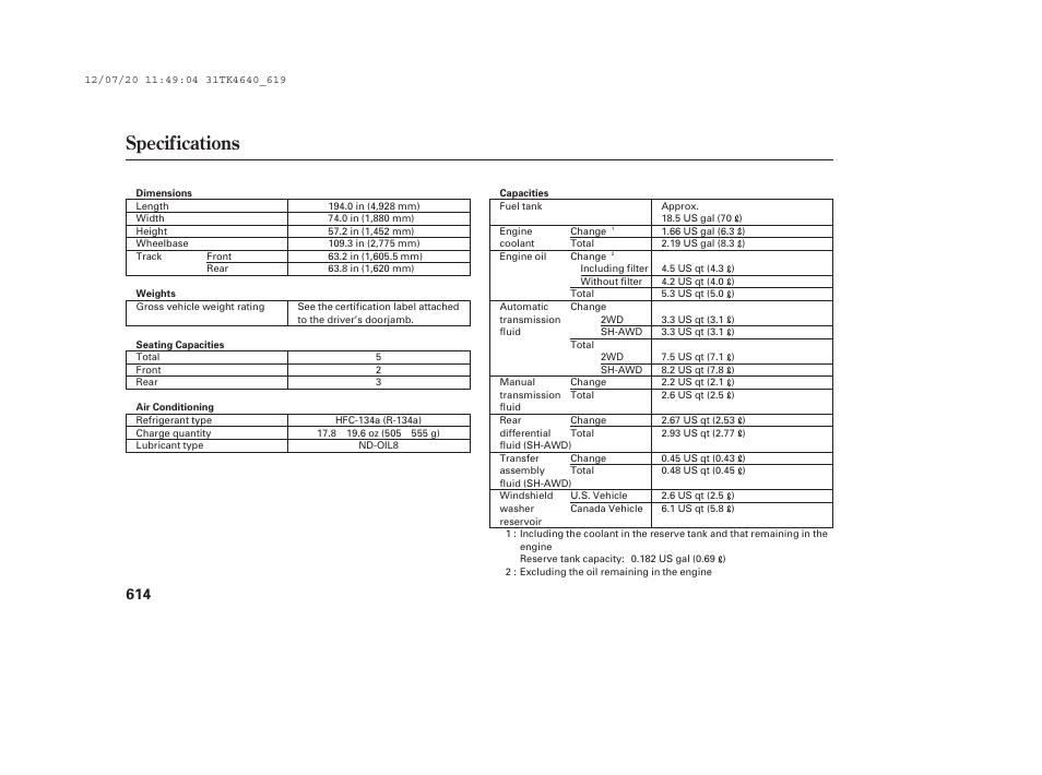 Specifications | Acura 2014 TL - Owner's Manual User Manual | Page 620 / 653