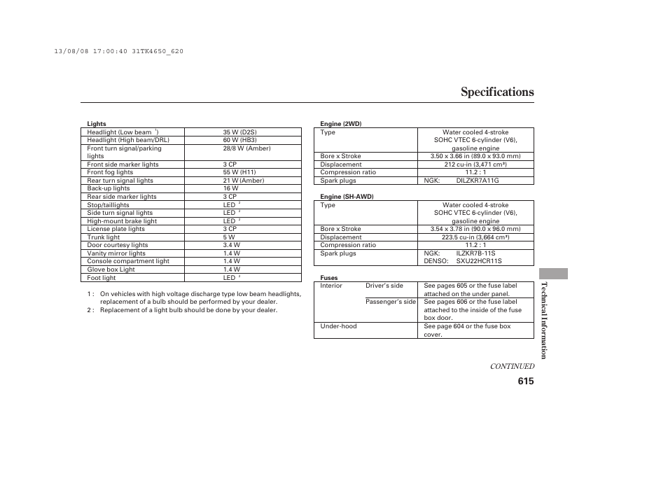 Specifications | Acura 2014 TL - Owner's Manual User Manual | Page 621 / 653