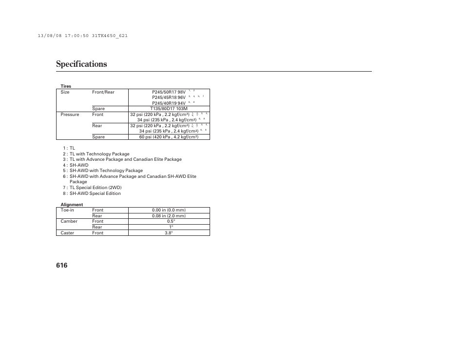 Specifications | Acura 2014 TL - Owner's Manual User Manual | Page 622 / 653