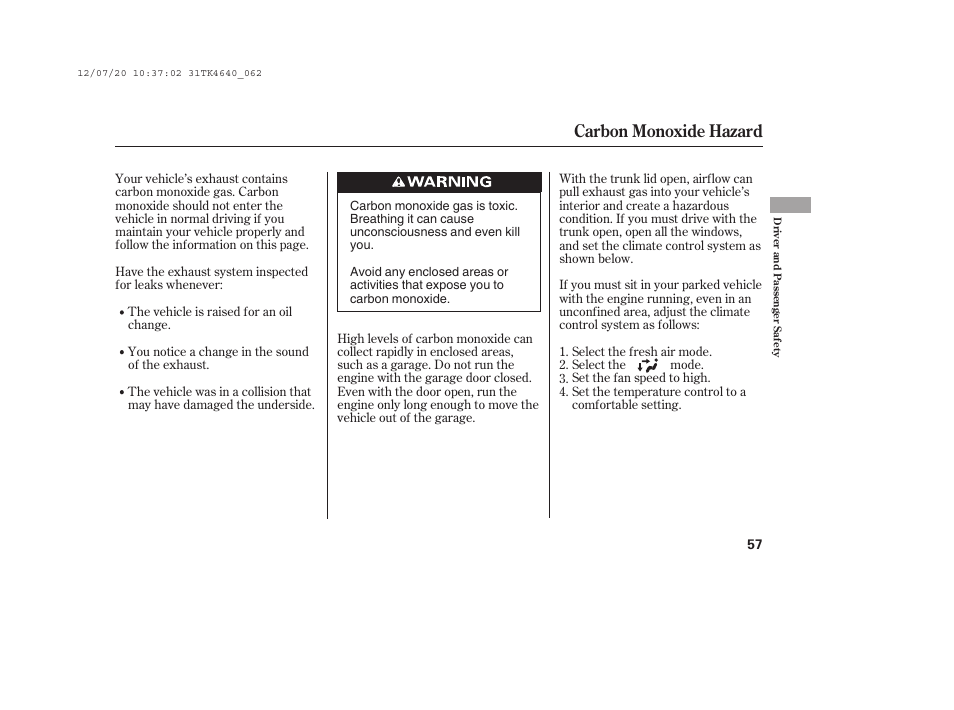 Carbon monoxide hazard | Acura 2014 TL - Owner's Manual User Manual | Page 63 / 653