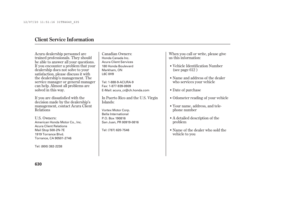 Client service information | Acura 2014 TL - Owner's Manual User Manual | Page 636 / 653