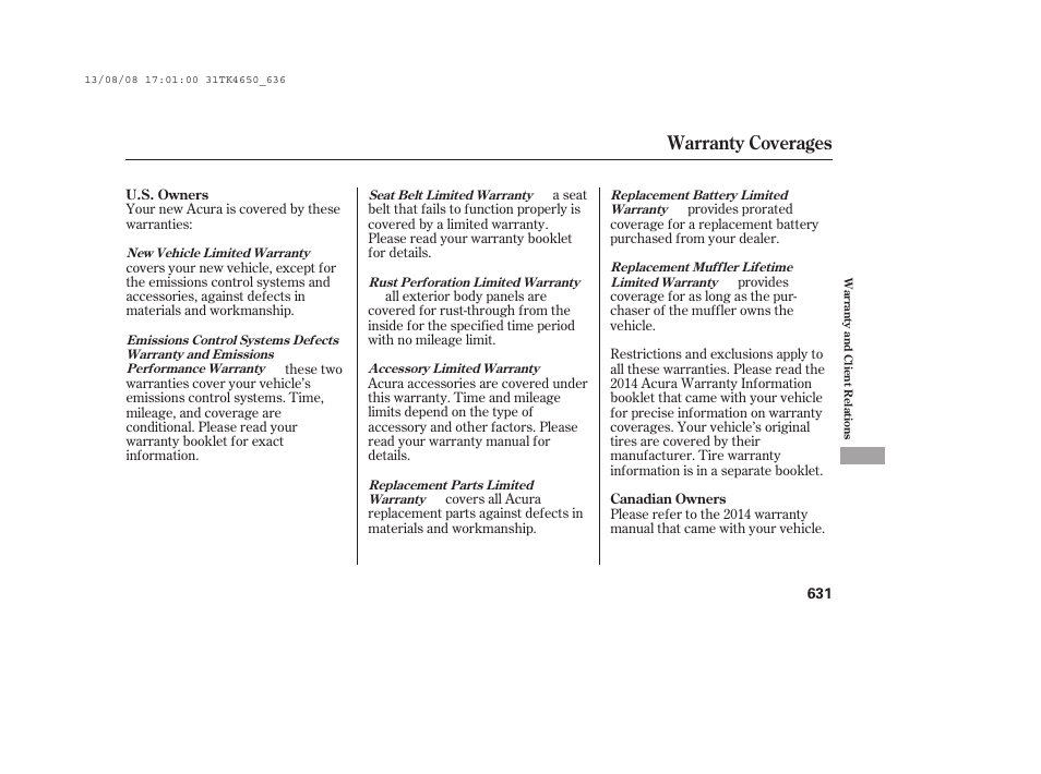 Warranty coverages | Acura 2014 TL - Owner's Manual User Manual | Page 637 / 653