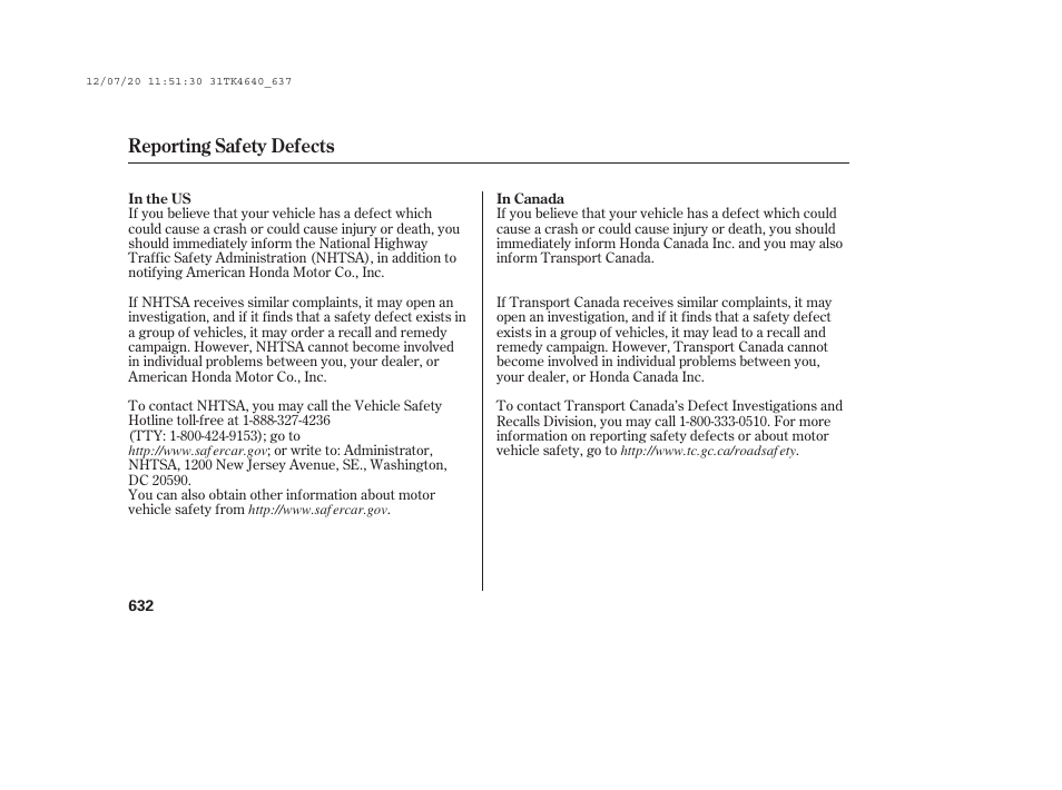 Reporting safety defects | Acura 2014 TL - Owner's Manual User Manual | Page 638 / 653