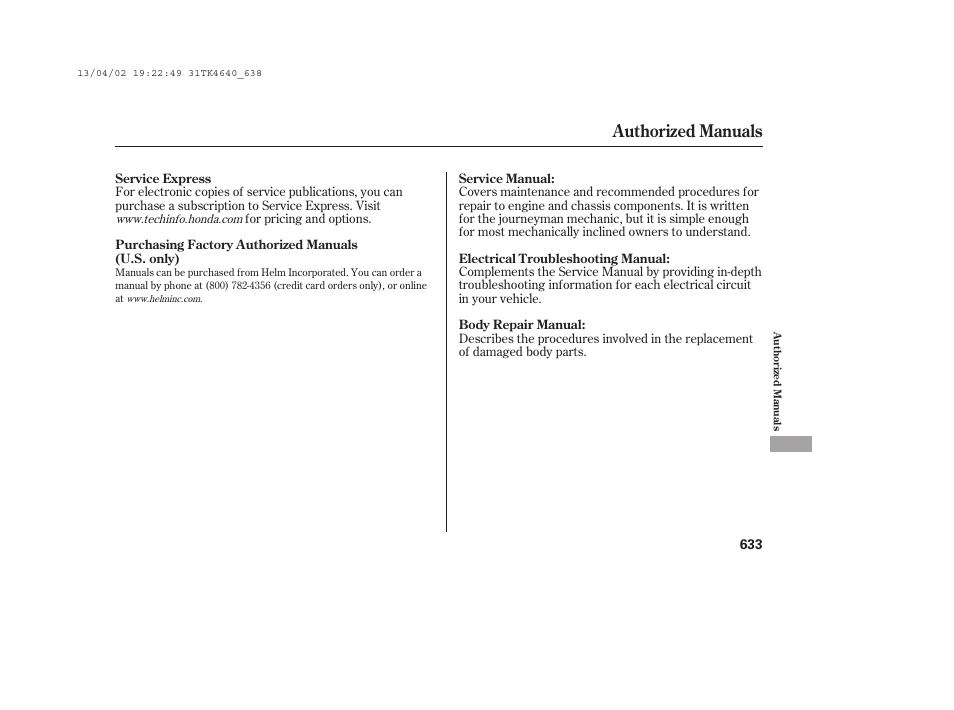 Authorized manuals | Acura 2014 TL - Owner's Manual User Manual | Page 639 / 653