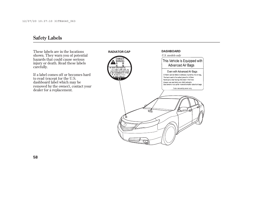 Safety labels | Acura 2014 TL - Owner's Manual User Manual | Page 64 / 653