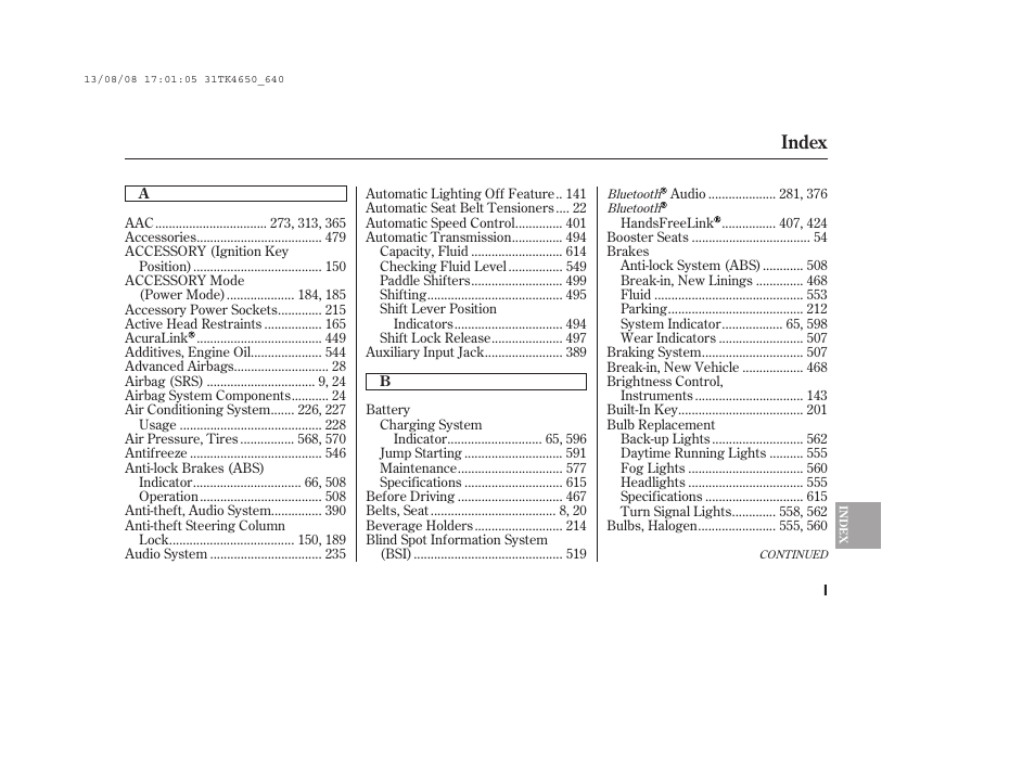 Index | Acura 2014 TL - Owner's Manual User Manual | Page 641 / 653