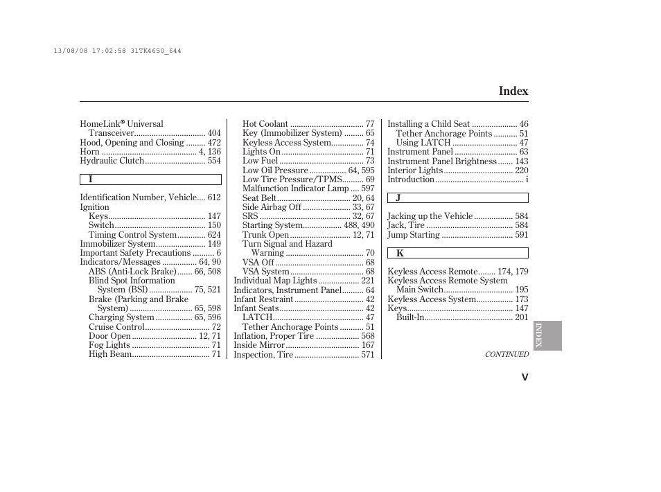 Index | Acura 2014 TL - Owner's Manual User Manual | Page 645 / 653