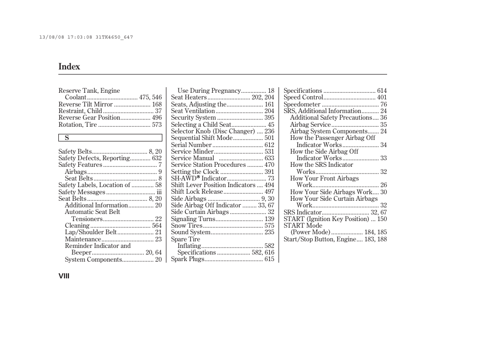 Index | Acura 2014 TL - Owner's Manual User Manual | Page 648 / 653