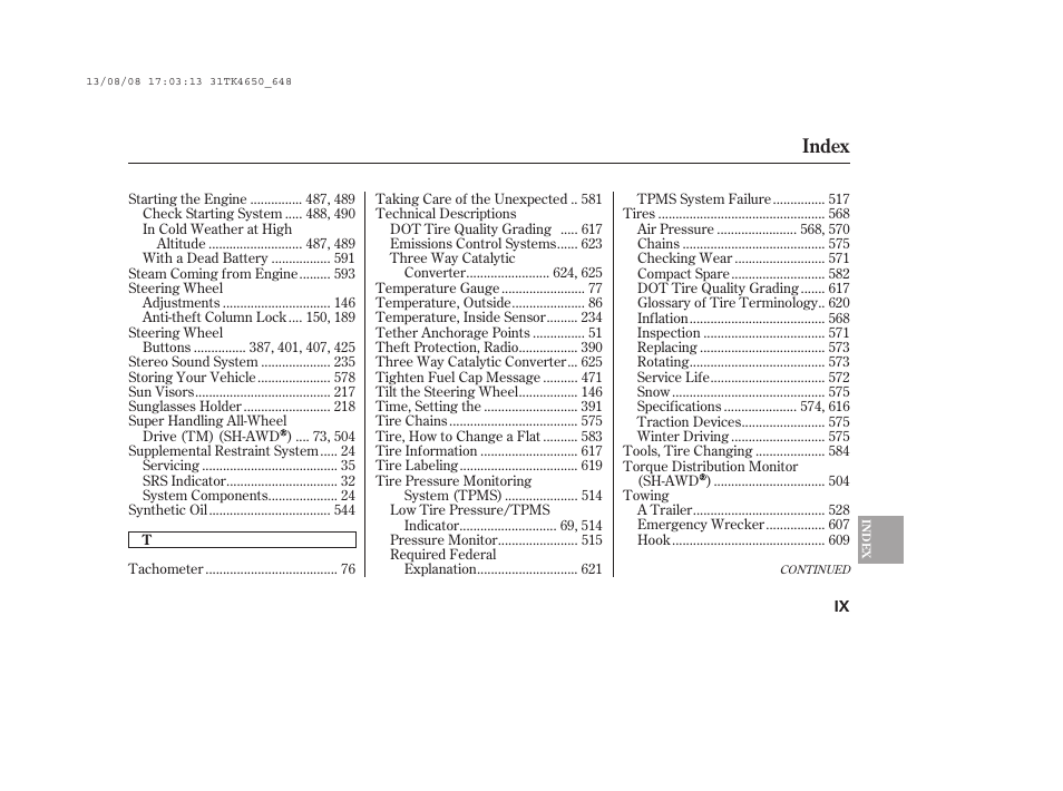 Index | Acura 2014 TL - Owner's Manual User Manual | Page 649 / 653