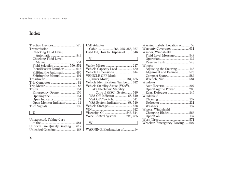 Index | Acura 2014 TL - Owner's Manual User Manual | Page 650 / 653